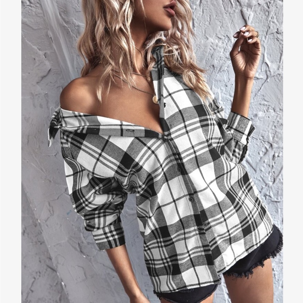 Elegant Plaid Check Button Up Boyfriend Shirt Top Blouse - Picture 9 of 17